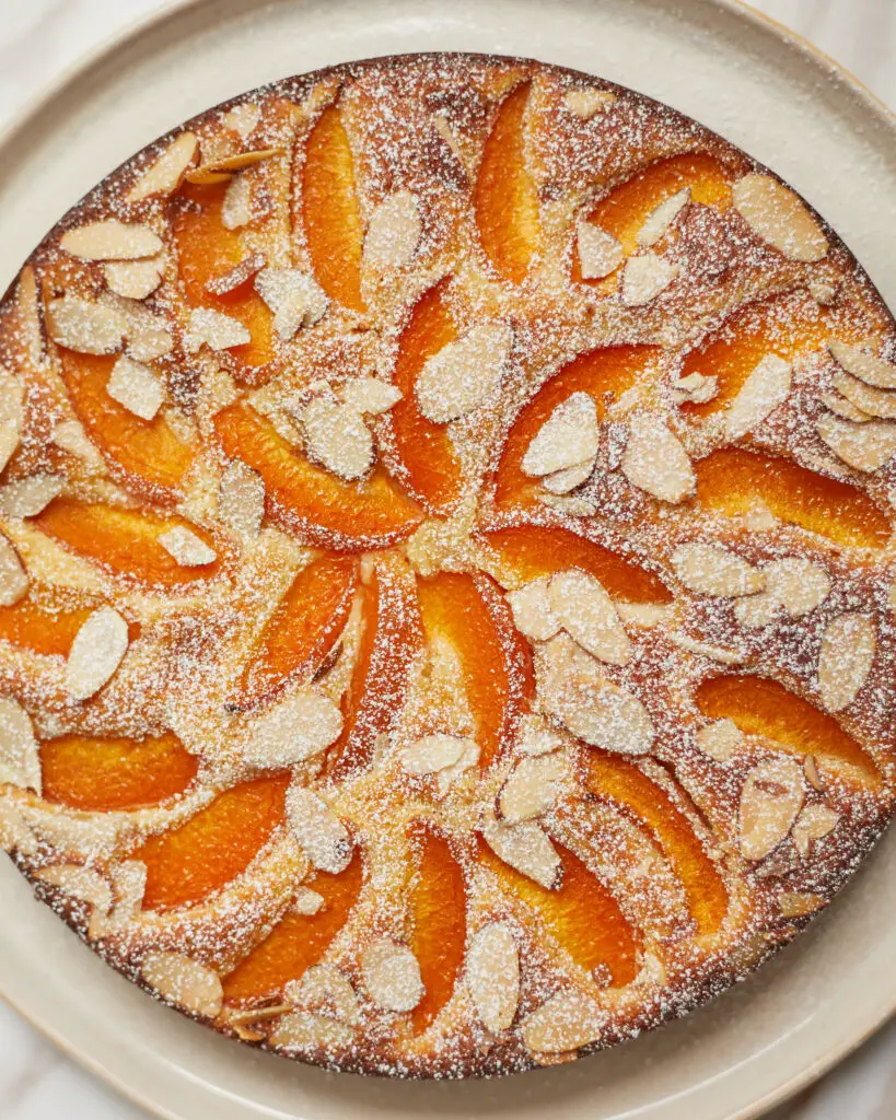 A single layer cake with concentric circles of sliced apricot and slivered almonds with a dusting of powdered sugar
