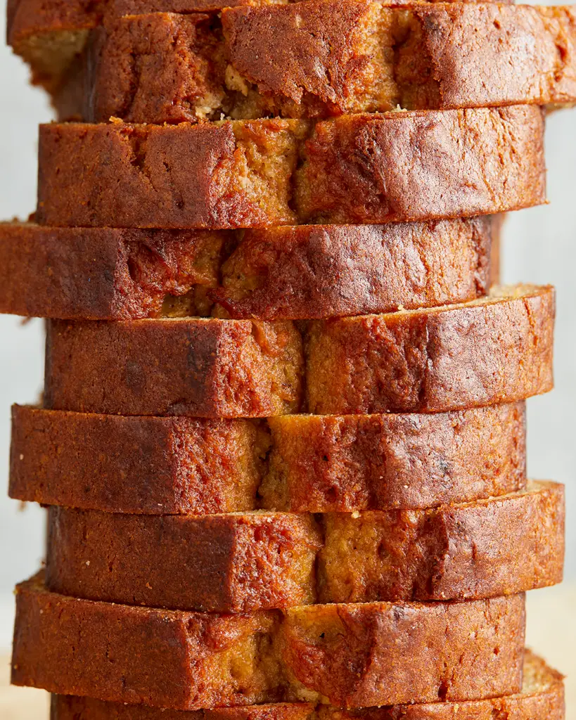 a stack of slices of banana bread, slightly staggered, takes up the whole photo