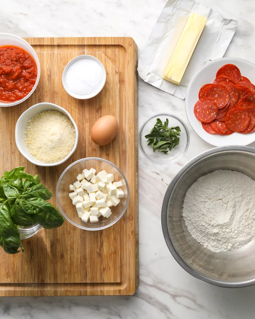 pizza ingredients such as pizza sauce, basil, mozzarella cheese, pepperoni, oregano and parmesan sit on a cutting board and white countertop