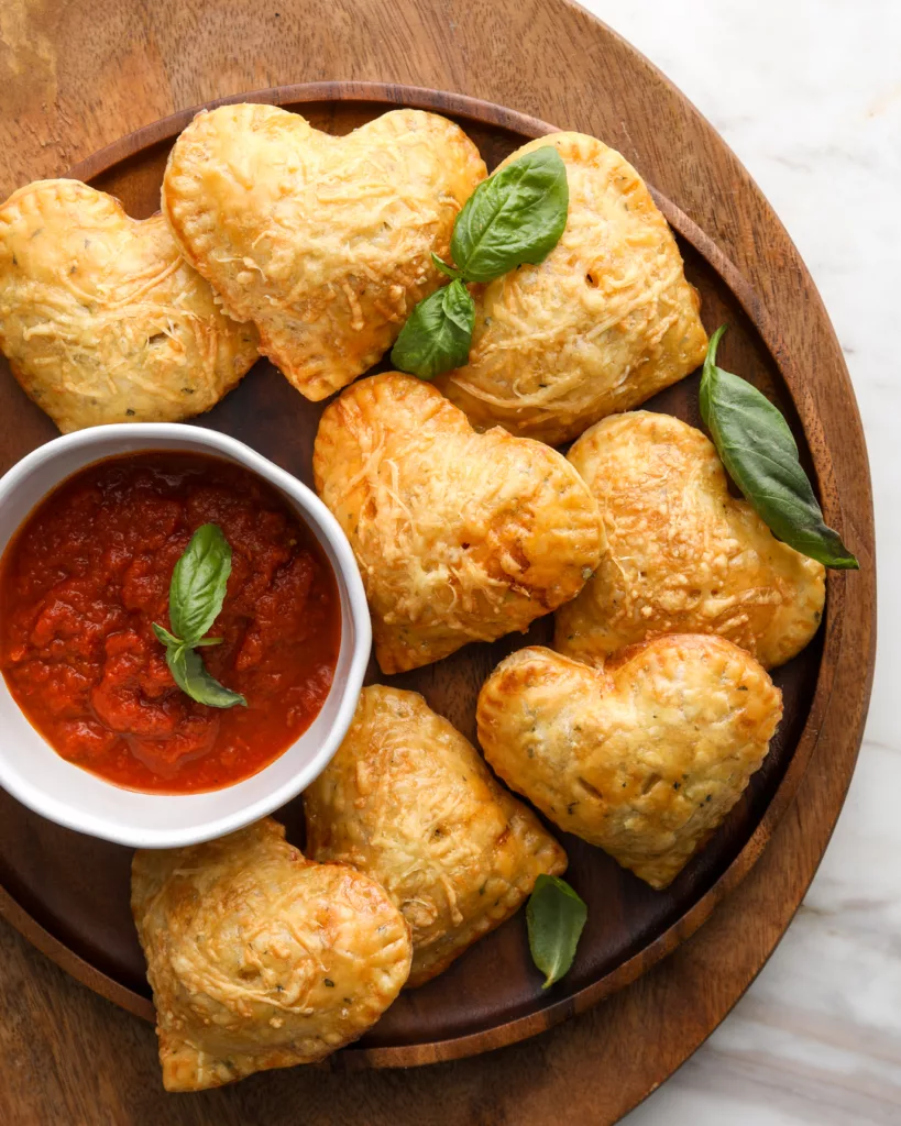 small pizza hand pies hot pockets sit on a wooden serving tray with pizza dipping sauce and basil