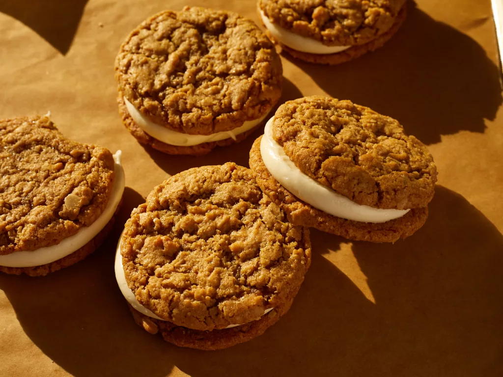 oatmeal creme pie sandwich cookies sit on a baking tray lined with parchment paper