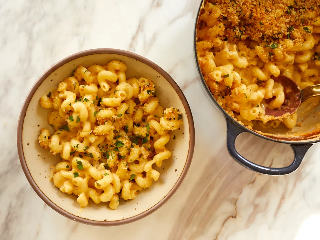a bowl of 4-cheese mac and cheese with breadcrumb topping