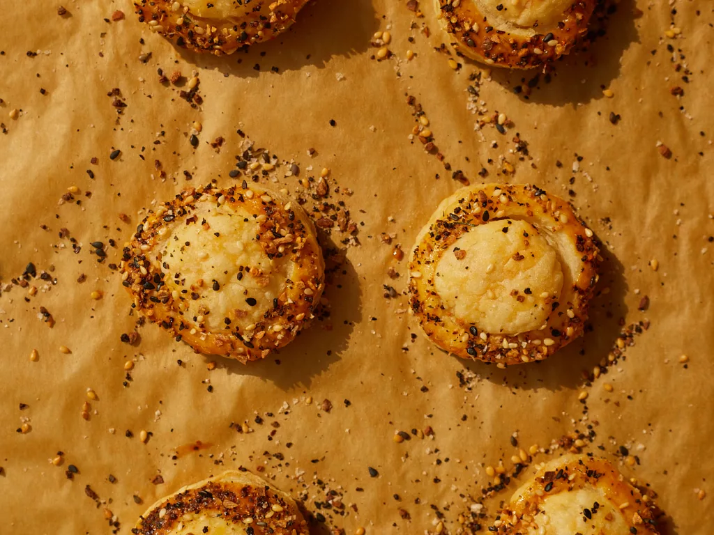 Circles of baked puff pastry topped with everything bagel seasoning