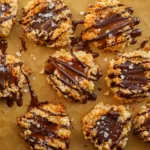 salted caramel filled macaroons with a chocolate drizzle