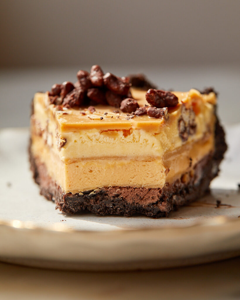 a slice of peanut butter ice cream pie with a bite taken out of it shows the ice cream and magic shell layers