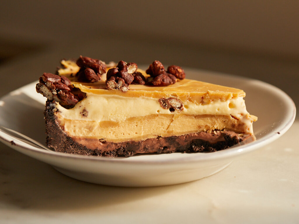 a slice of peanut butter ice cream pie with peanut butter magic shell sitting on a dessert plate
