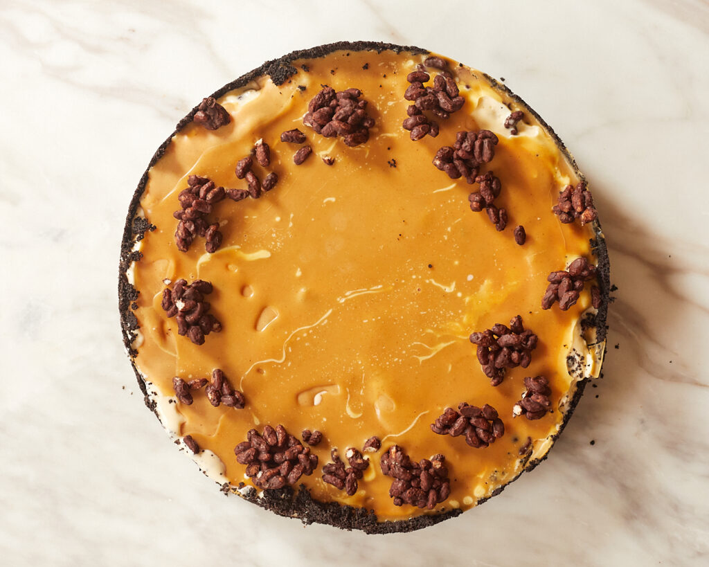 An overhead shot of peanut butter ice cream pie with magic shell and chocolate crisp topping and a oreo crust