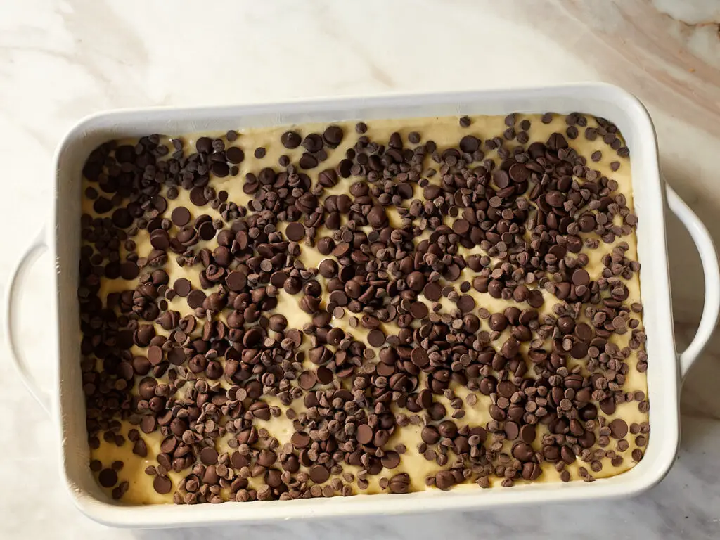 a ceramic 9x13 pan filled with yellow cake batter topped with chocolate chips