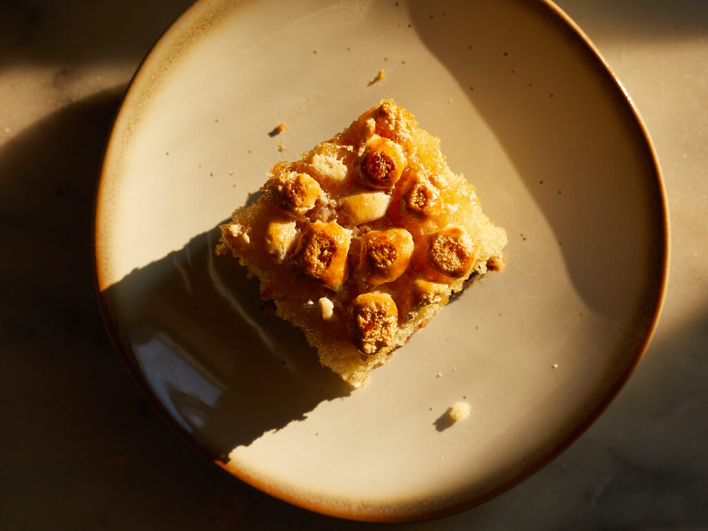 A slice of picnic cake with chocolate chips and marshmallows sits on a dessert plate