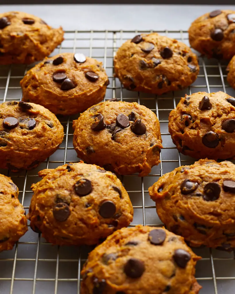 pumpkin chocolate chip cookies on a wire rack