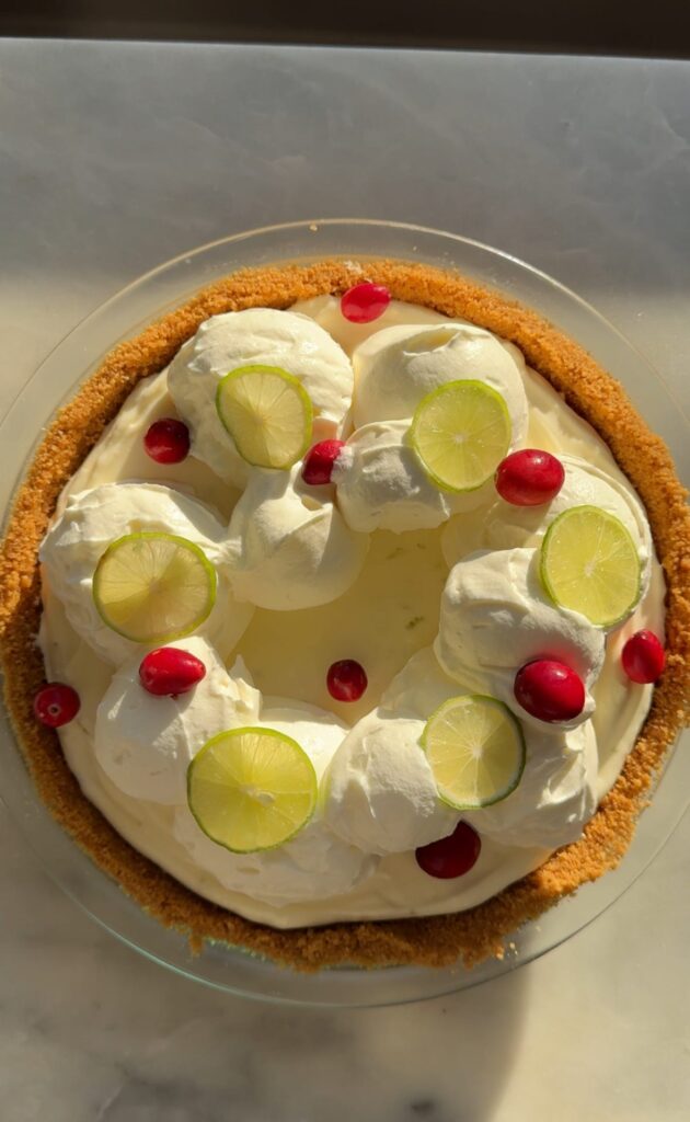 An overhead shot of No-Bake Key Lime Cheesecake pie with whipped cream topping, key lime slices and cranberries