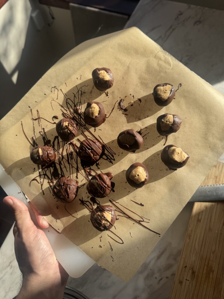 Real buckeyes: chocolate covered peanut butter balls on a tray
